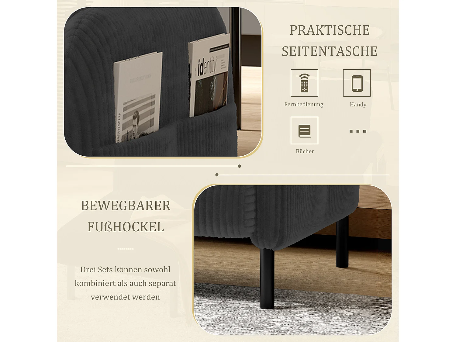 Canapé 2 places en velours côtelé gris - Canapé modulable avec Poches Latérales - Idéal pour petit salon, studio ou chambre d'étudiant