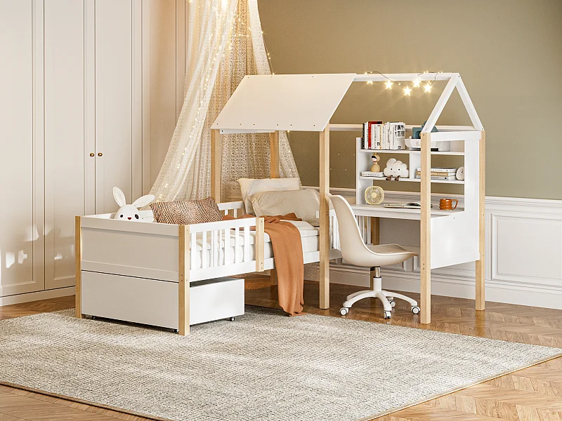Lit Cabane Blanc avec Bureau et Tiroirs – Structure Multifonction 90x200 cm, Gain de Place pour Chambre d’Enfant ou Adulte