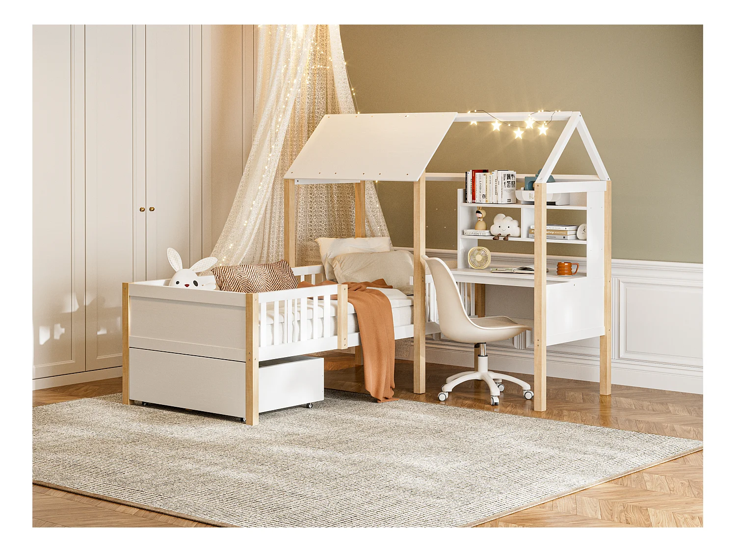 Lit Cabane Blanc avec Bureau et Tiroirs – Structure Multifonction 90x200 cm, Gain de Place pour Chambre d’Enfant ou Adulte