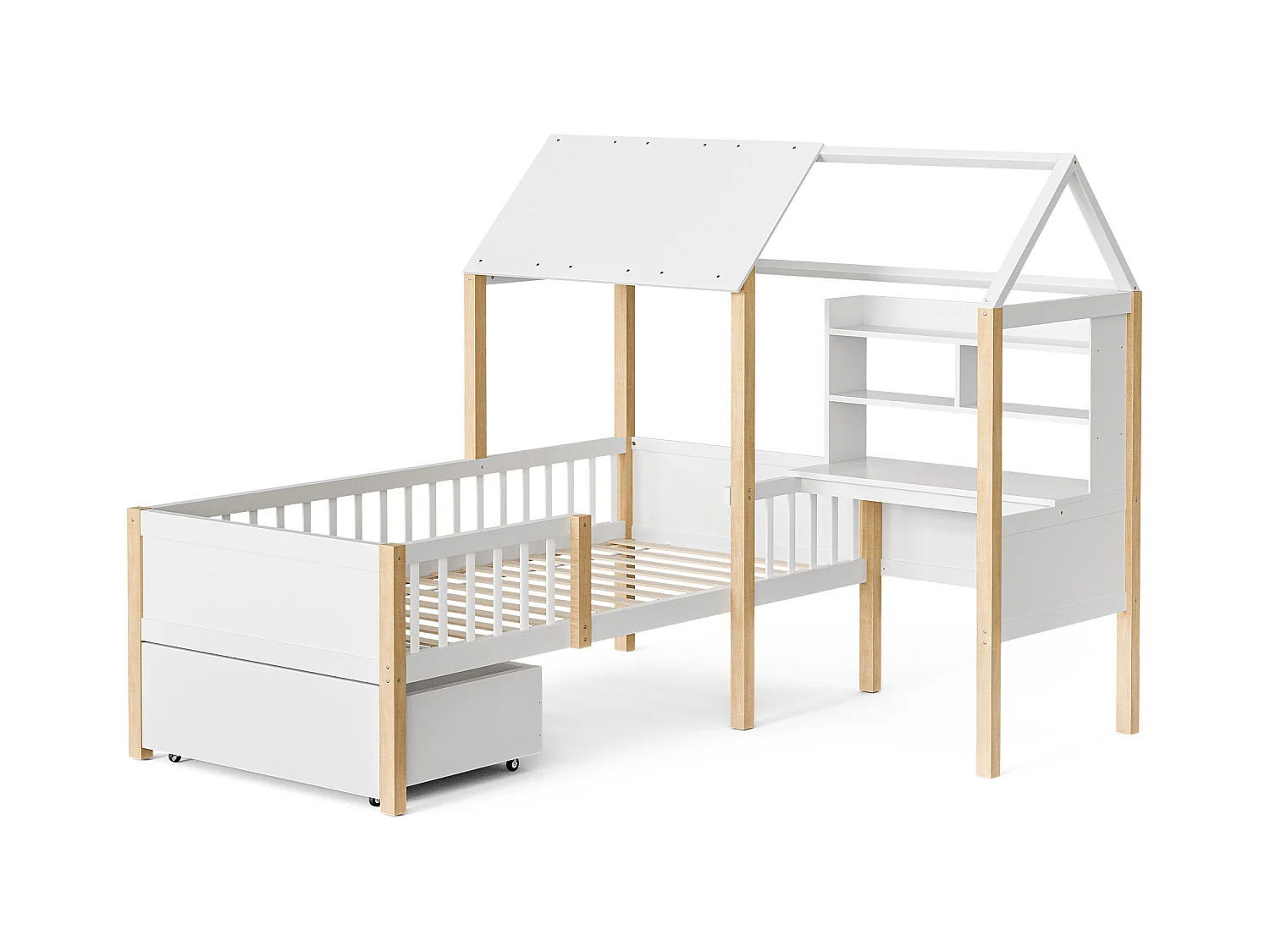 Lit Cabane Blanc avec Bureau et Tiroirs – Structure Multifonction 90x200 cm, Gain de Place pour Chambre d’Enfant ou Adulte