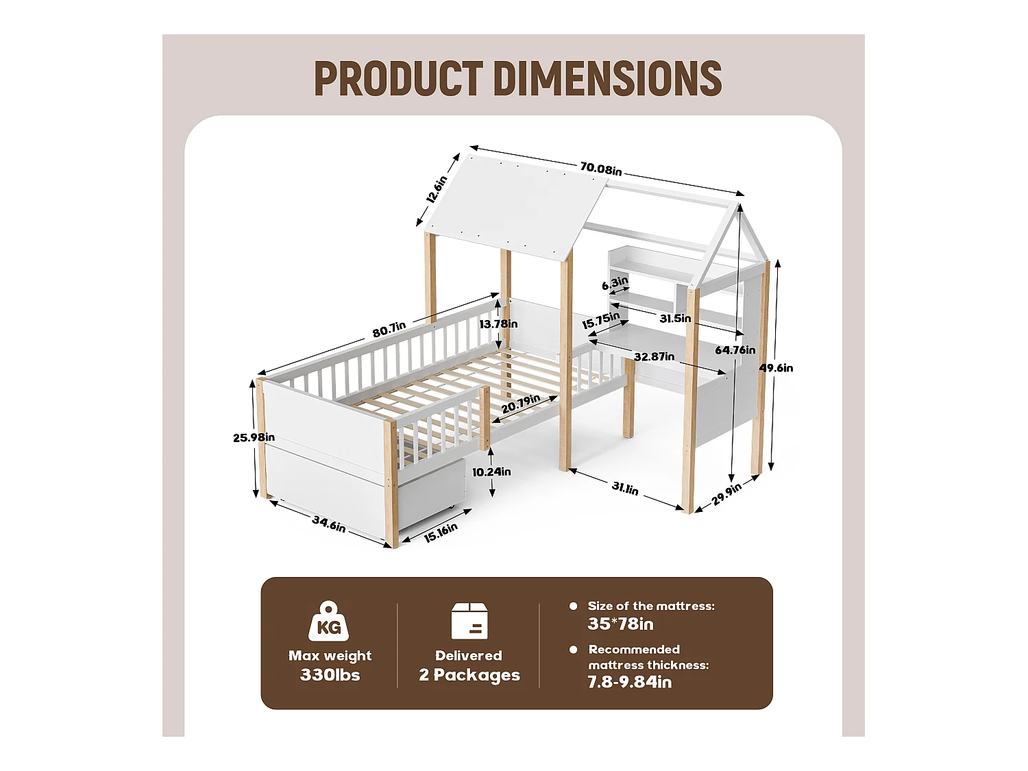 Lit Cabane Blanc avec Bureau et Tiroirs – Structure Multifonction 90x200 cm, Gain de Place pour Chambre d’Enfant ou Adulte