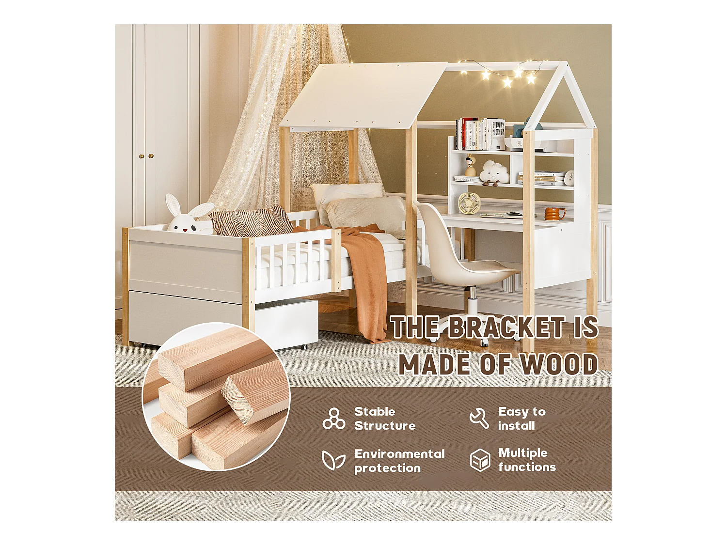 Lit Cabane Blanc avec Bureau et Tiroirs – Structure Multifonction 90x200 cm, Gain de Place pour Chambre d’Enfant ou Adulte
