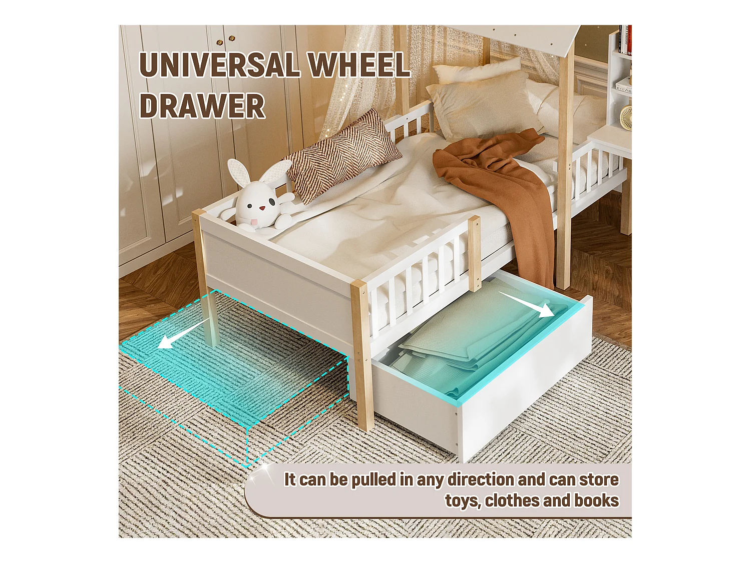 Lit Cabane Blanc avec Bureau et Tiroirs – Structure Multifonction 90x200 cm, Gain de Place pour Chambre d’Enfant ou Adulte