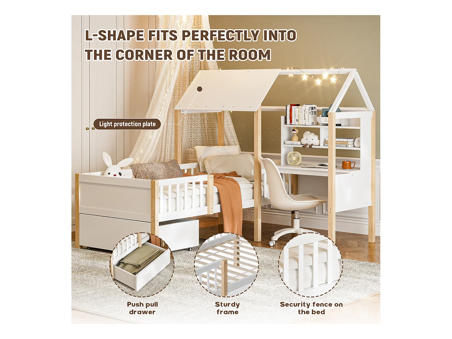Lit Cabane Blanc avec Bureau et Tiroirs – Structure Multifonction 90x200 cm, Gain de Place pour Chambre d’Enfant ou Adulte