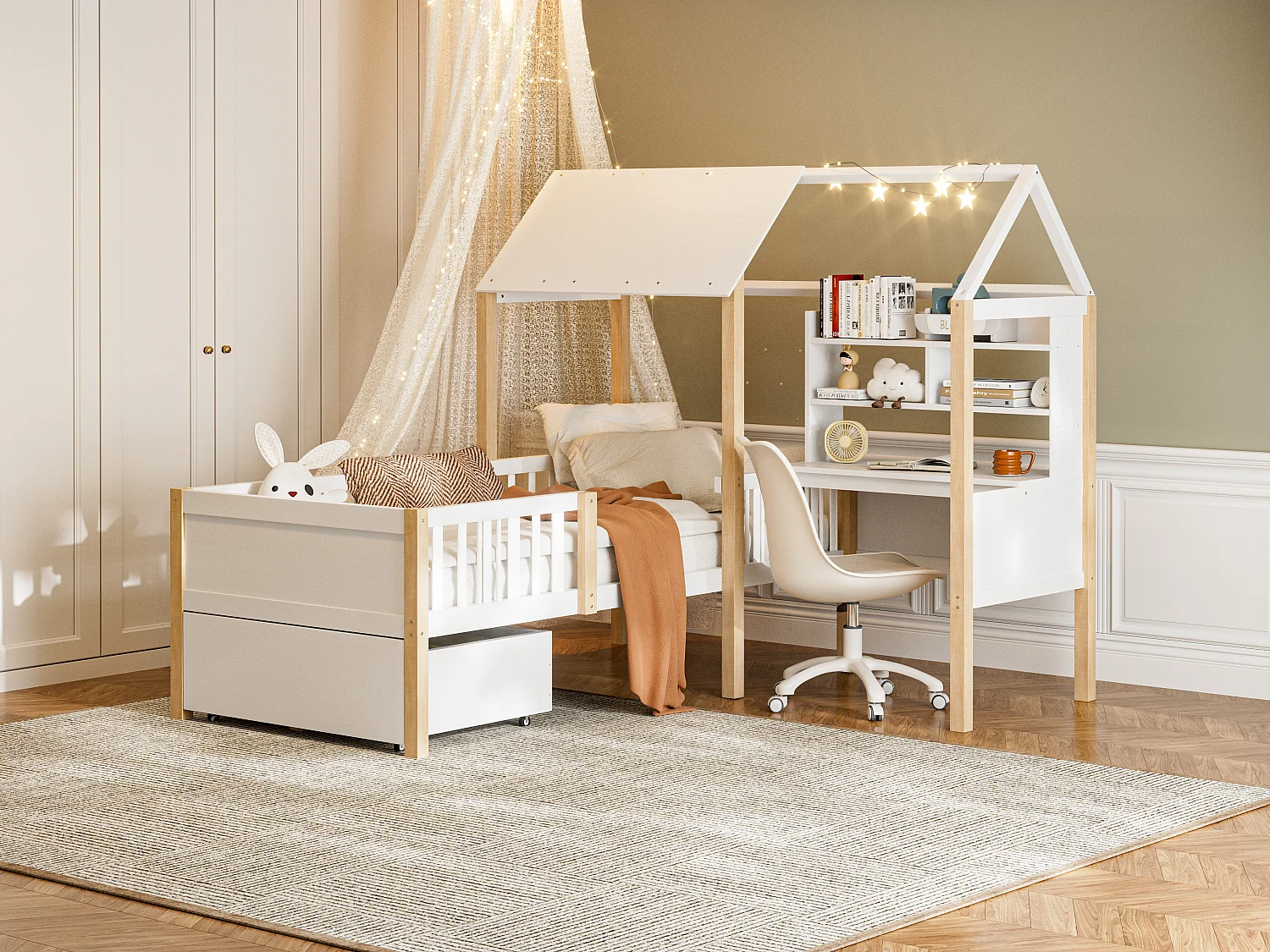 Lit Cabane Blanc avec Bureau et Tiroirs – Structure Multifonction 90x200 cm, Gain de Place pour Chambre d’Enfant ou Adulte