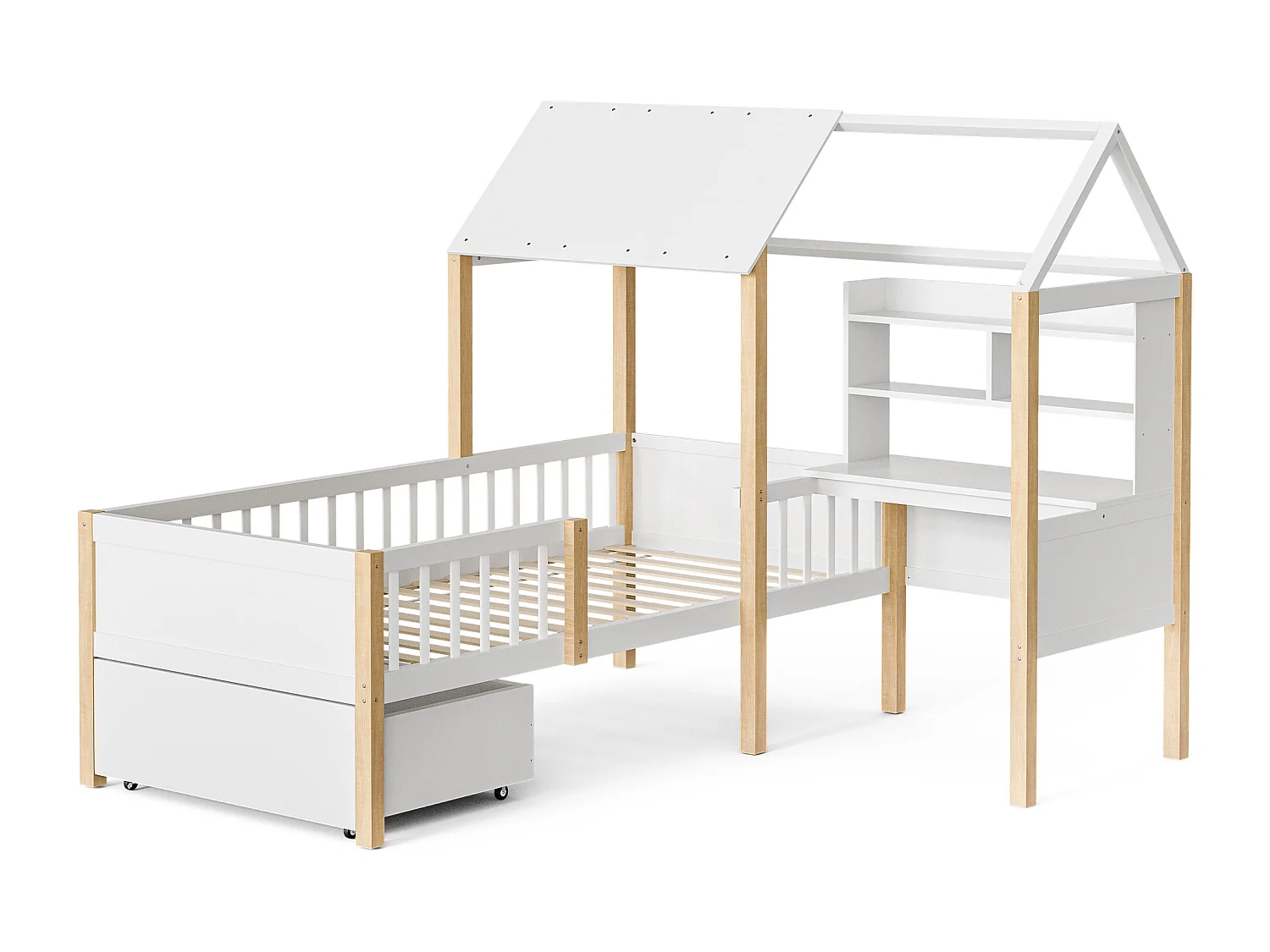 Lit Cabane Blanc avec Bureau et Tiroirs – Structure Multifonction 90x200 cm, Gain de Place pour Chambre d’Enfant ou Adulte