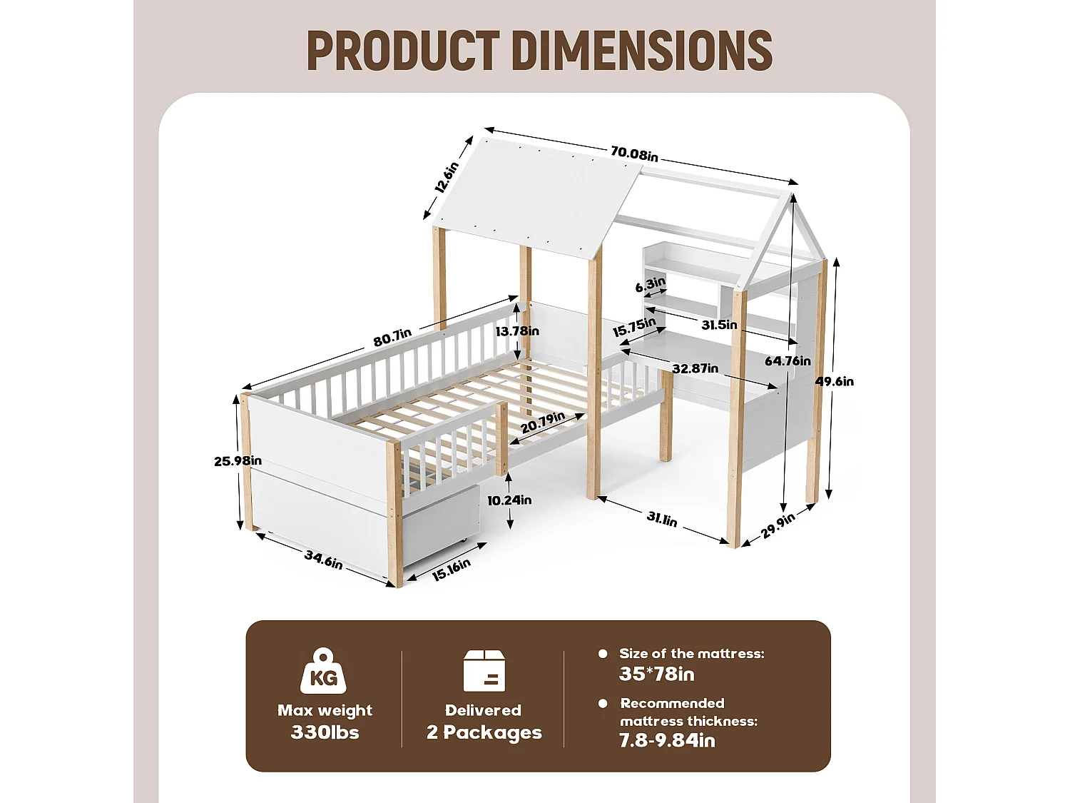 Lit Cabane Blanc avec Bureau et Tiroirs – Structure Multifonction 90x200 cm, Gain de Place pour Chambre d’Enfant ou Adulte