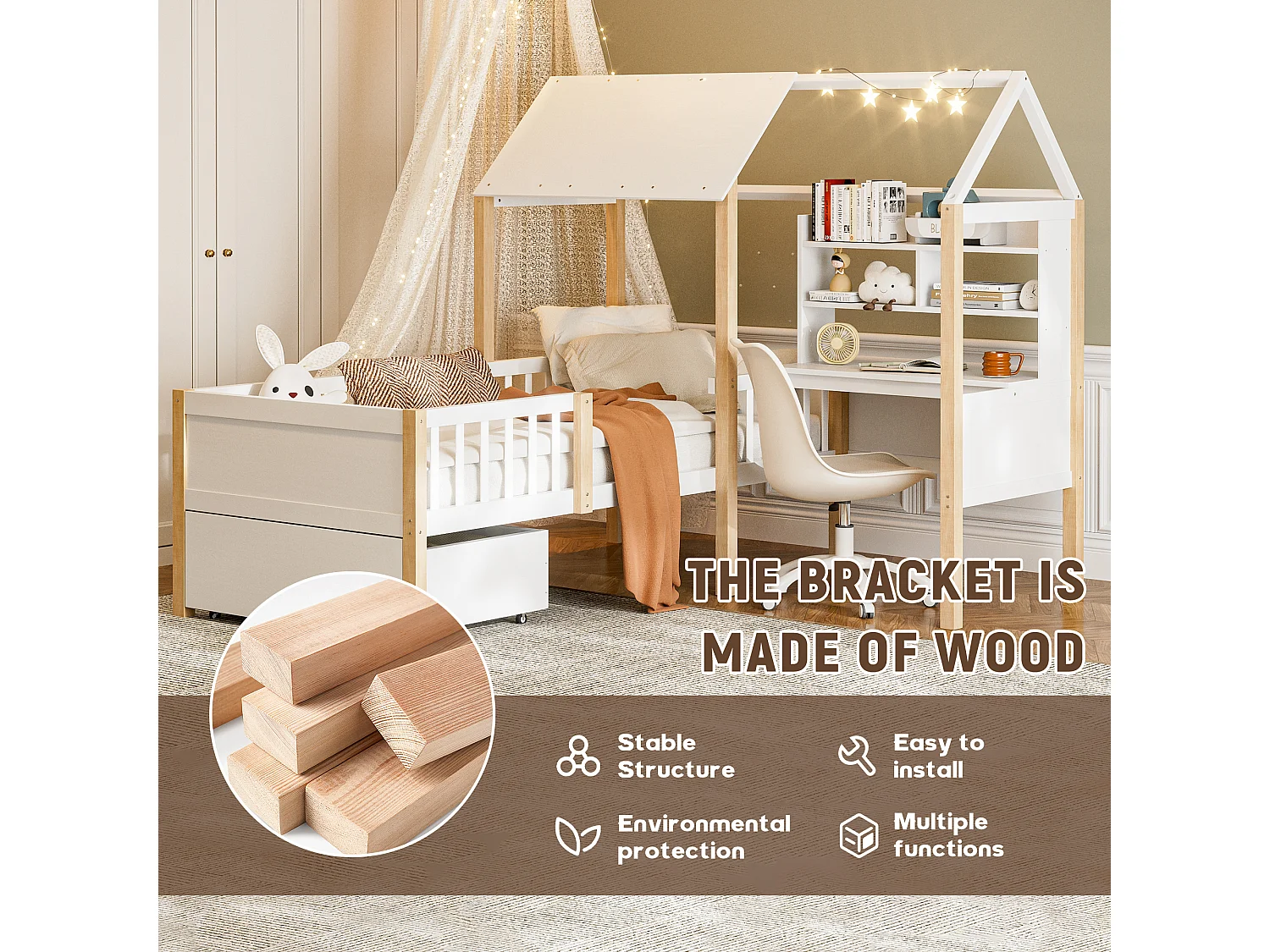 Lit Cabane Blanc avec Bureau et Tiroirs – Structure Multifonction 90x200 cm, Gain de Place pour Chambre d’Enfant ou Adulte