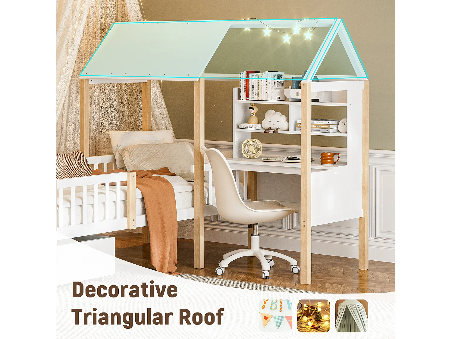 Lit Cabane Blanc avec Bureau et Tiroirs – Structure Multifonction 90x200 cm, Gain de Place pour Chambre d’Enfant ou Adulte