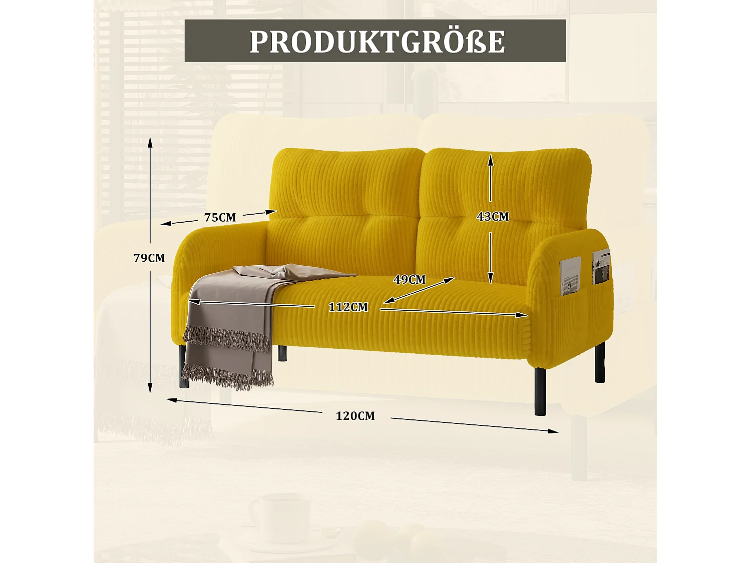 Canapé 2 places en velours côtelé jaune - Canapé modulable avec Poches Latérales - Idéal pour petit salon, studio ou chambre d'étudiant