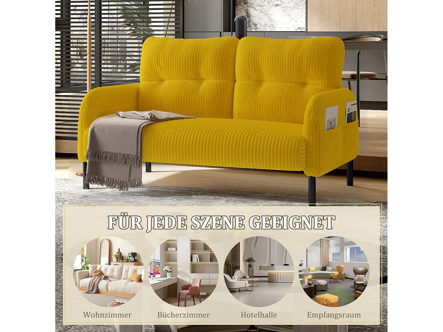 Canapé 2 places en velours côtelé jaune - Canapé modulable avec Poches Latérales - Idéal pour petit salon, studio ou chambre d'étudiant