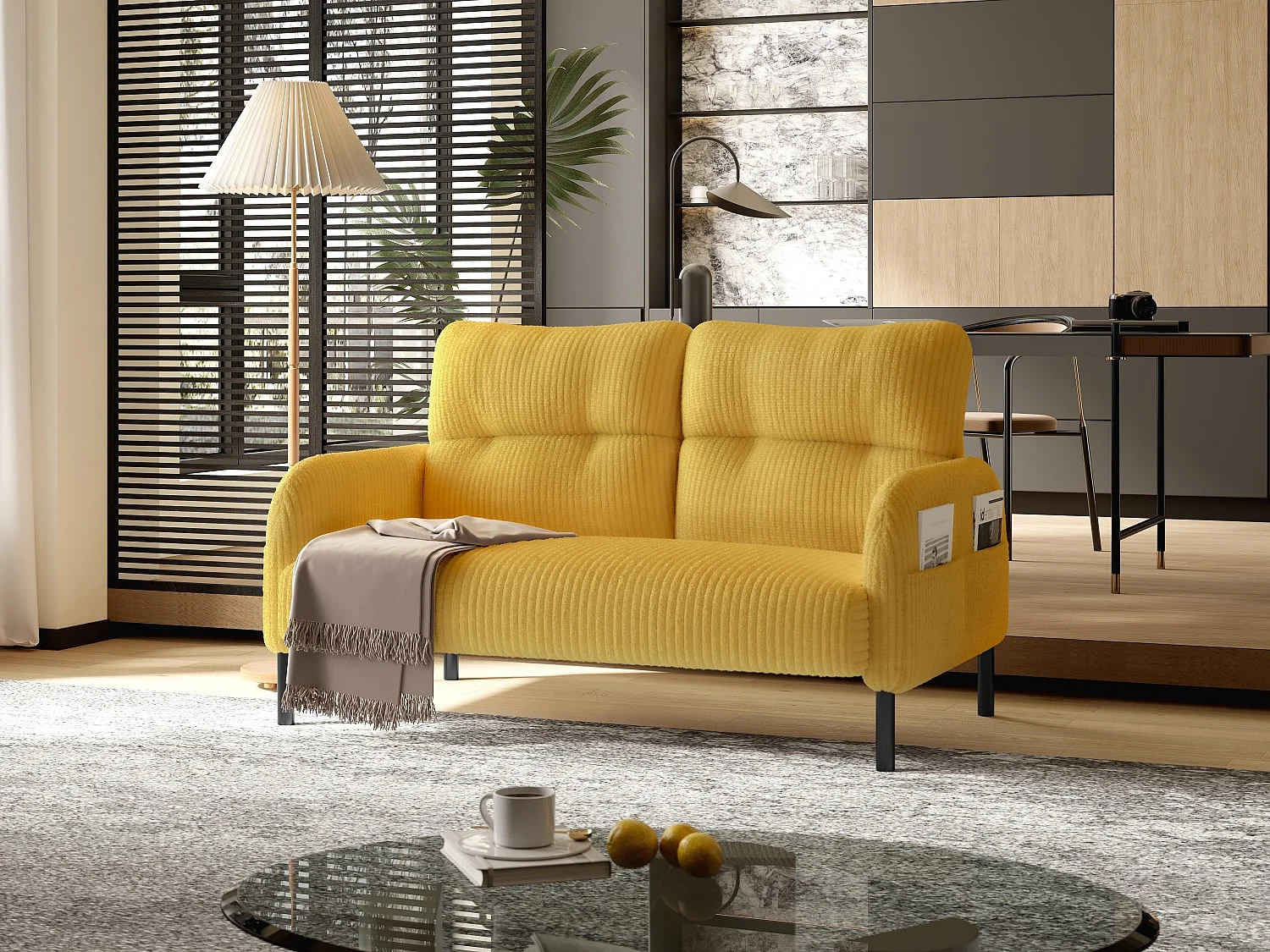 Canapé 2 places en velours côtelé jaune - Canapé modulable avec Poches Latérales - Idéal pour petit salon, studio ou chambre d'étudiant