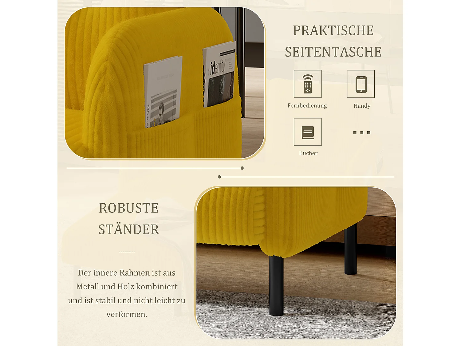 Canapé 2 places en velours côtelé jaune - Canapé modulable avec Poches Latérales - Idéal pour petit salon, studio ou chambre d'étudiant