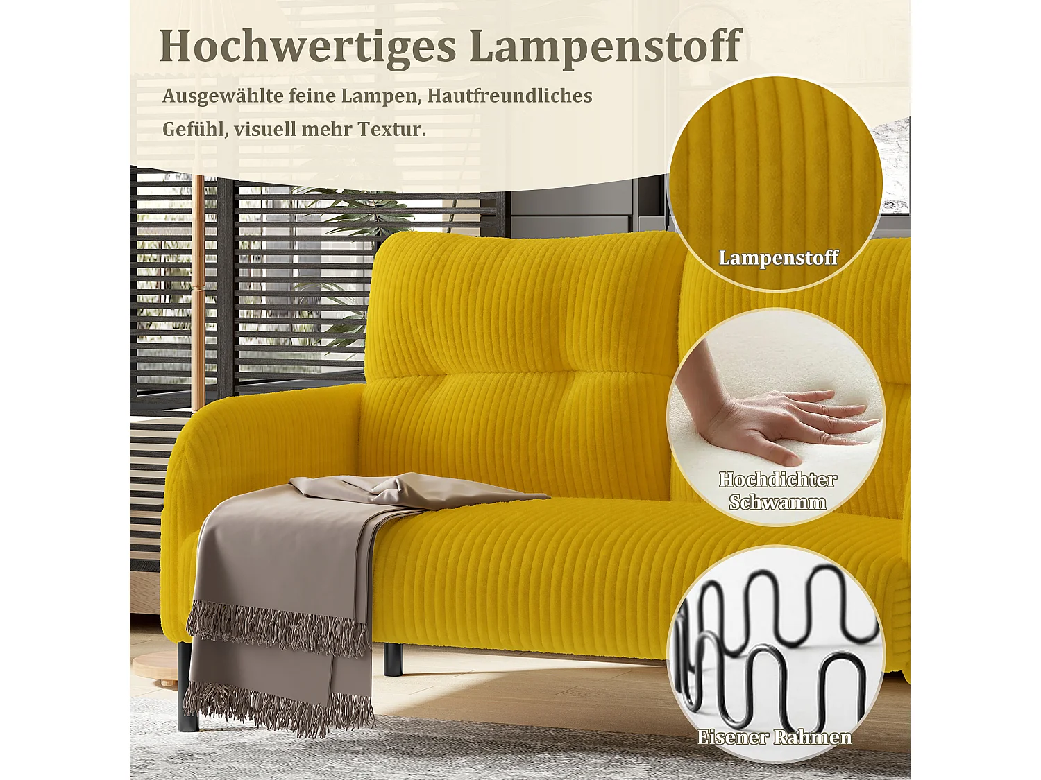 Canapé 2 places en velours côtelé jaune - Canapé modulable avec Poches Latérales - Idéal pour petit salon, studio ou chambre d'étudiant