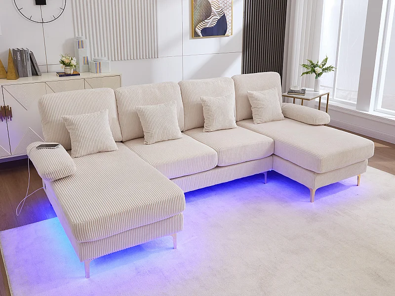 Canapé 4 places - Canapé d'angle modulable en velours Beige - Coussins amovibles double épaisseur - LED intégré et port USB - confort ergonomique et soutien optimal