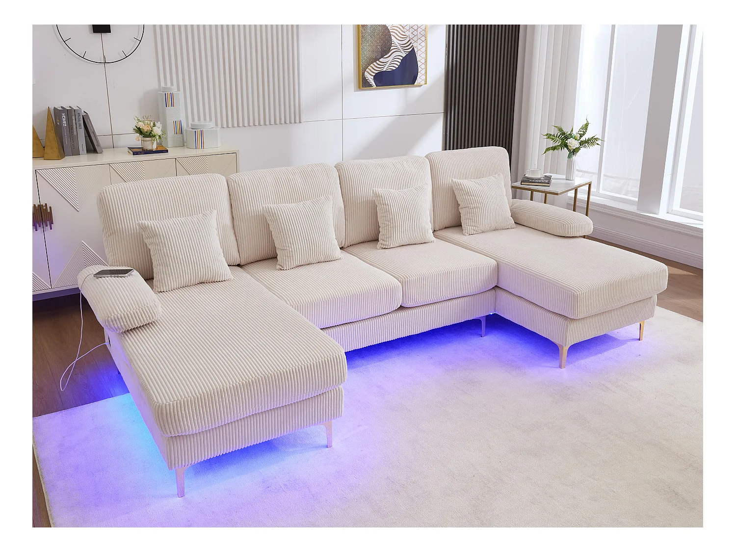 Canapé 4 places - Canapé d'angle modulable en velours Beige - Coussins amovibles double épaisseur - LED intégré et port USB - confort ergonomique et soutien optimal