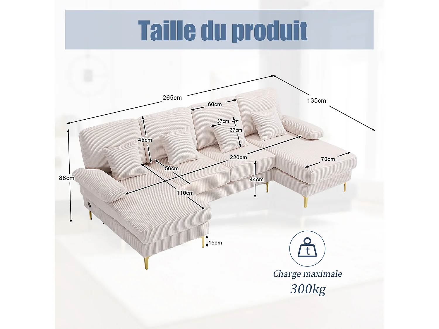 Canapé 4 places - Canapé d'angle modulable en velours Beige - Coussins amovibles double épaisseur - LED intégré et port USB - confort ergonomique et soutien optimal