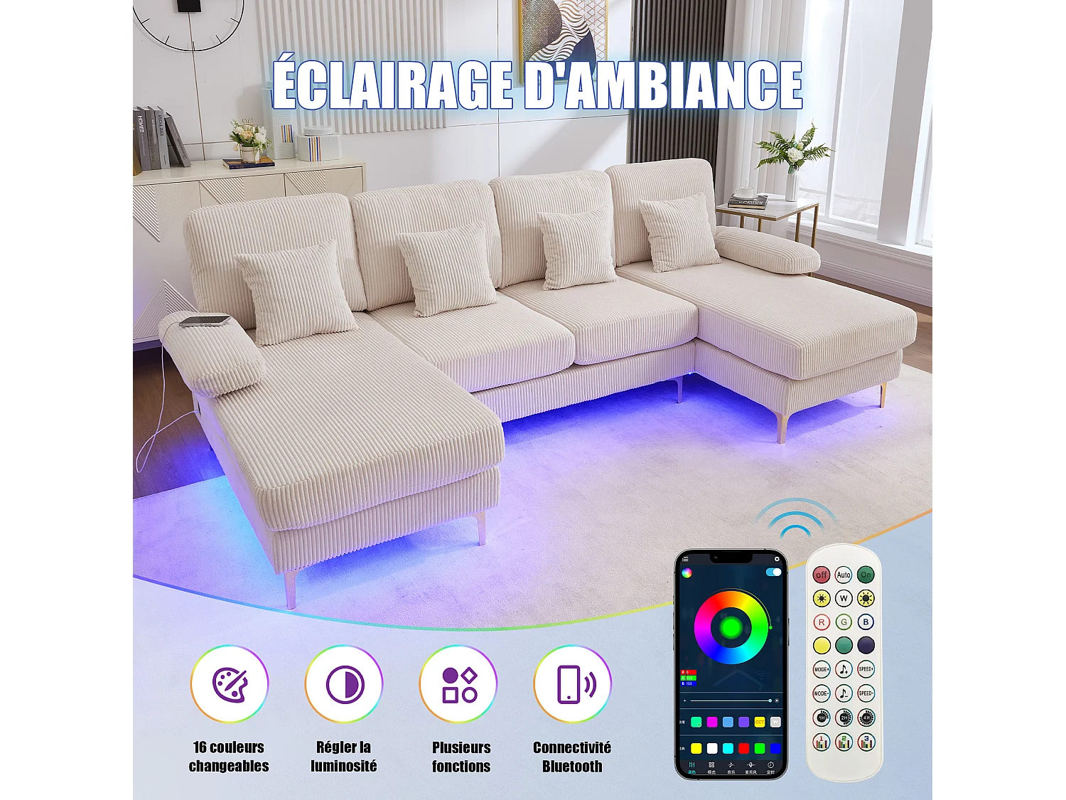 Canapé 4 places - Canapé d'angle modulable en velours Beige - Coussins amovibles double épaisseur - LED intégré et port USB - confort ergonomique et soutien optimal