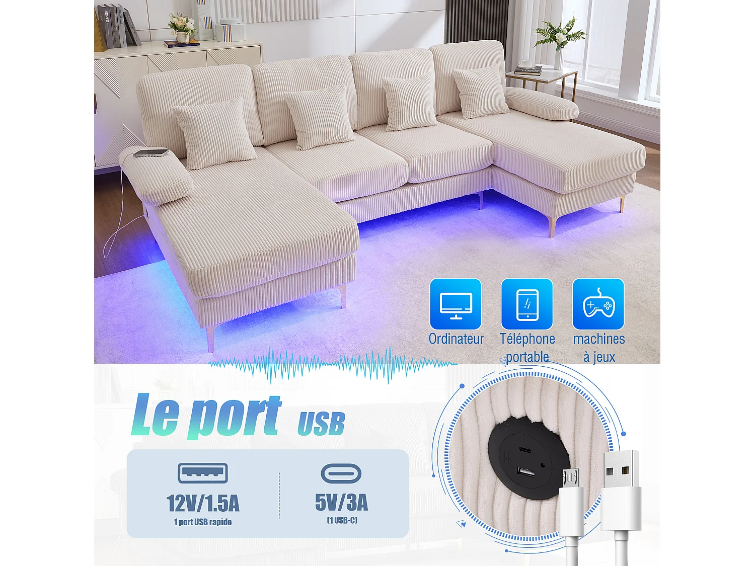 Canapé 4 places - Canapé d'angle modulable en velours Beige - Coussins amovibles double épaisseur - LED intégré et port USB - confort ergonomique et soutien optimal