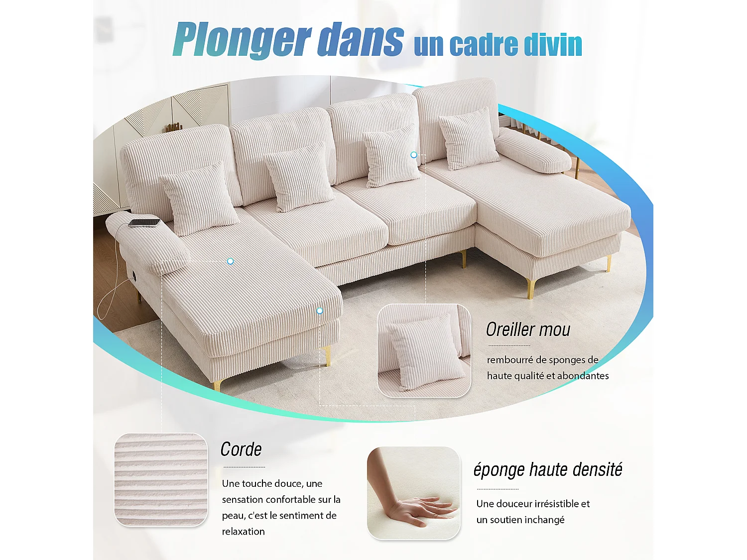 Canapé 4 places - Canapé d'angle modulable en velours Beige - Coussins amovibles double épaisseur - LED intégré et port USB - confort ergonomique et soutien optimal