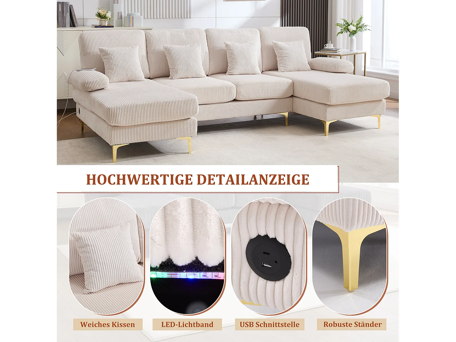 Canapé 4 places - Canapé d'angle modulable en velours Beige - Coussins amovibles double épaisseur - LED intégré et port USB - confort ergonomique et soutien optimal