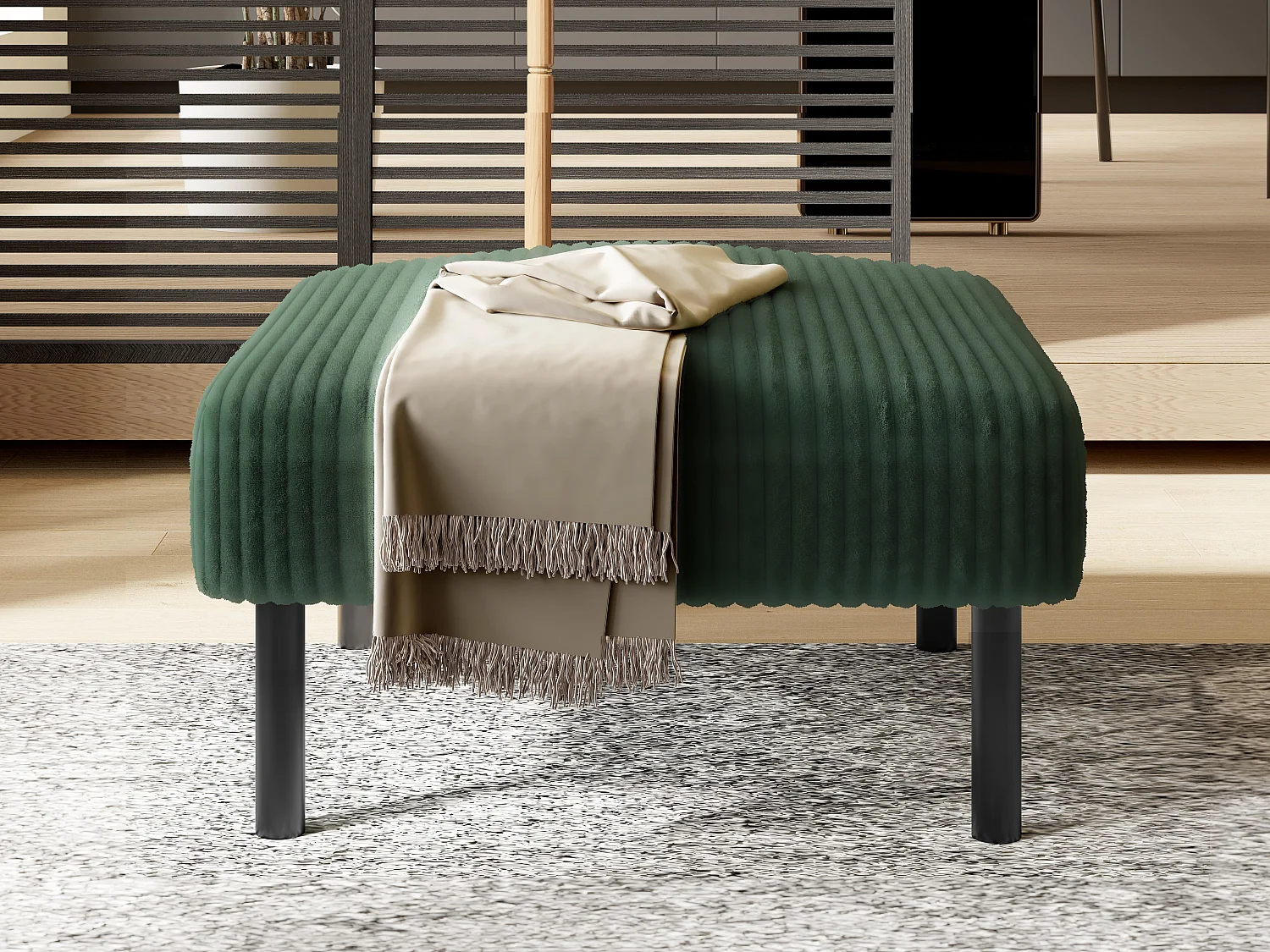 Pouf velours côtelé beige à assise haute résilience - Pouf multifonction - Idéal pour salon cosy ou chambre