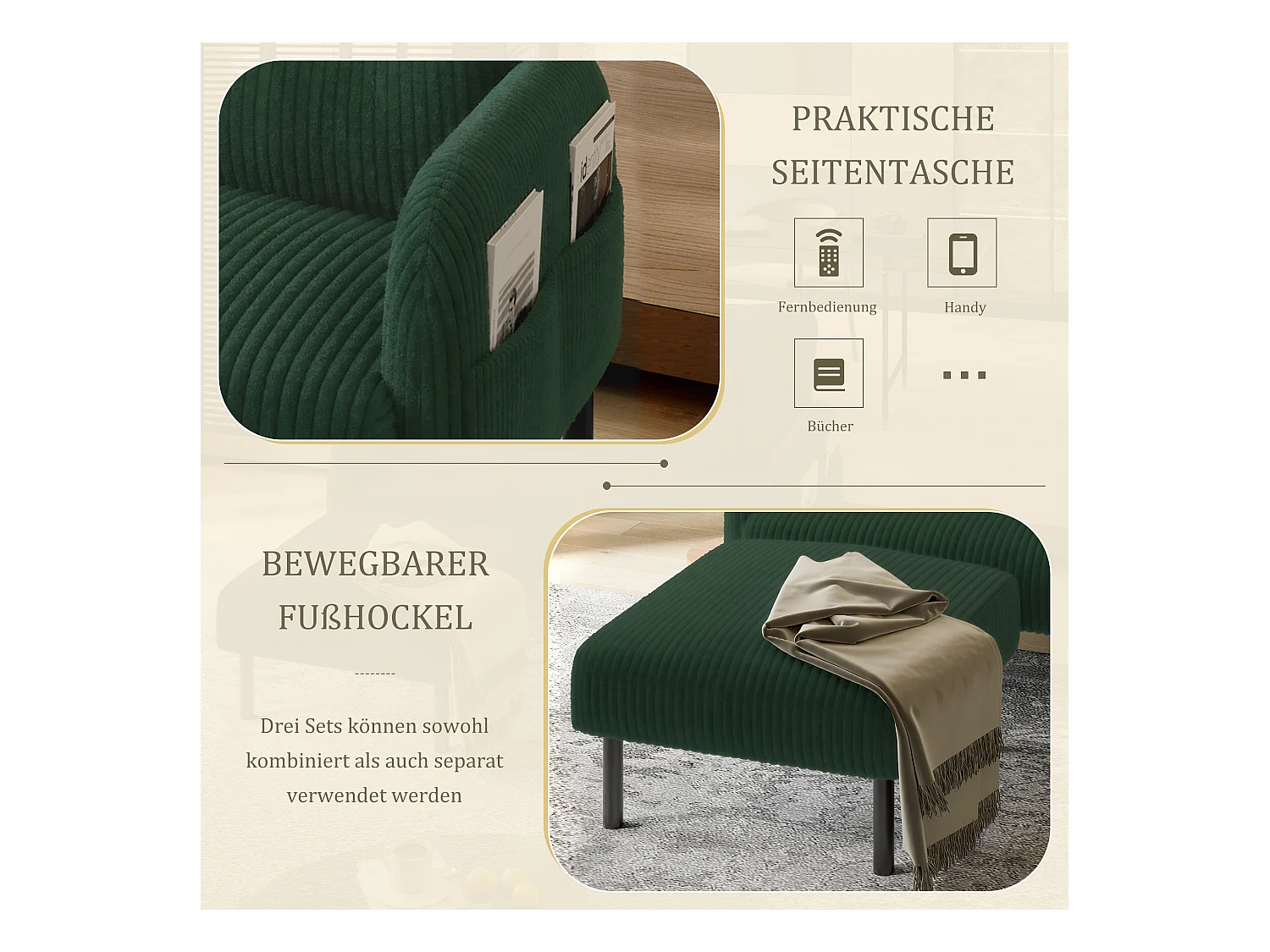 Pouf velours côtelé beige à assise haute résilience - Pouf multifonction - Idéal pour salon cosy ou chambre