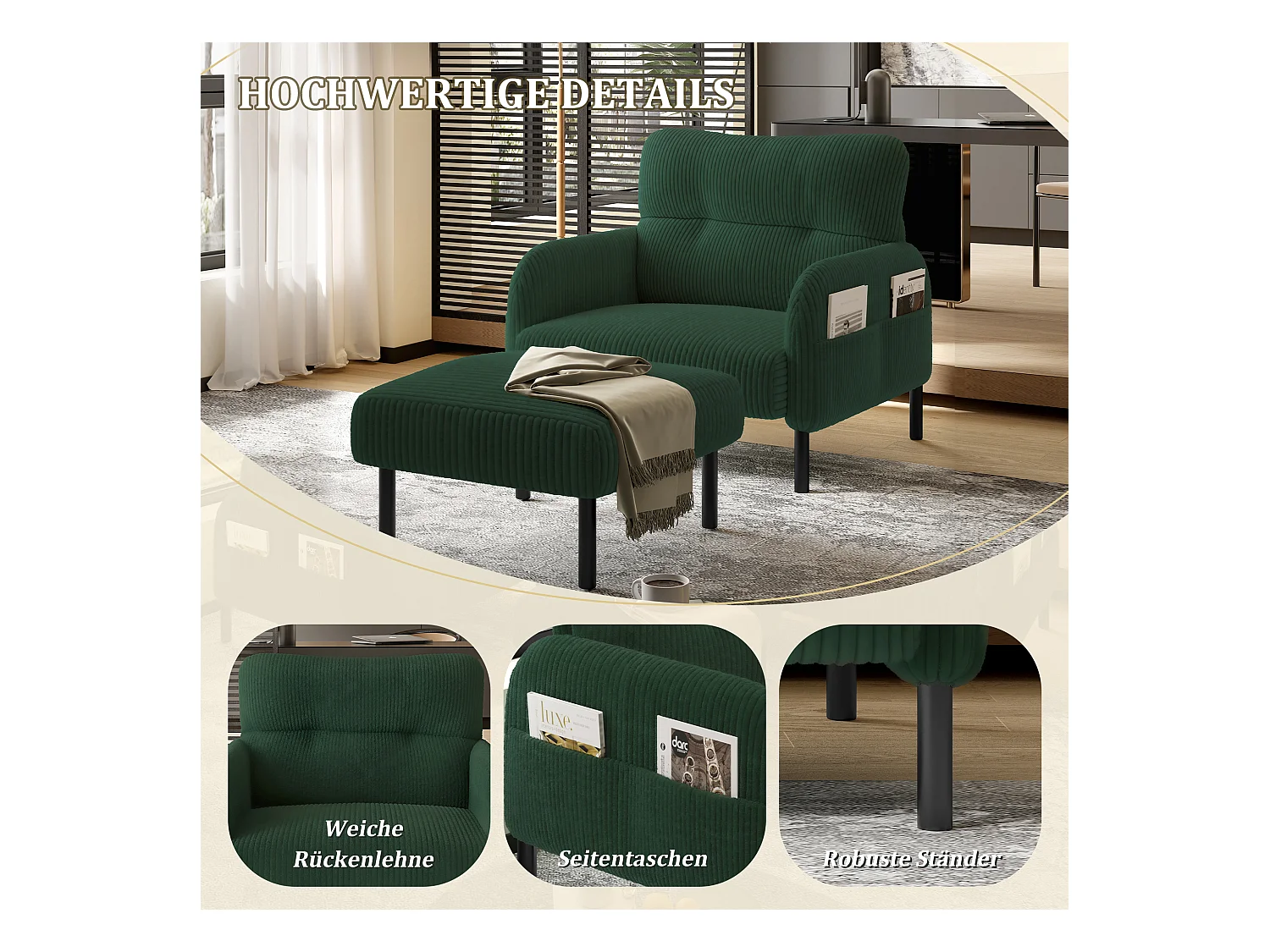 Pouf velours côtelé beige à assise haute résilience - Pouf multifonction - Idéal pour salon cosy ou chambre