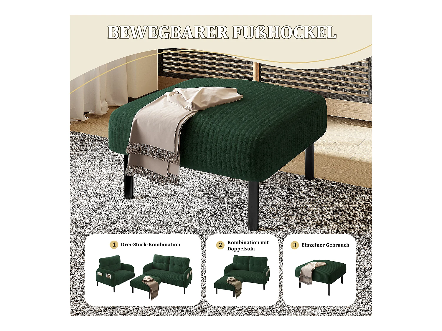 Pouf velours côtelé beige à assise haute résilience - Pouf multifonction - Idéal pour salon cosy ou chambre