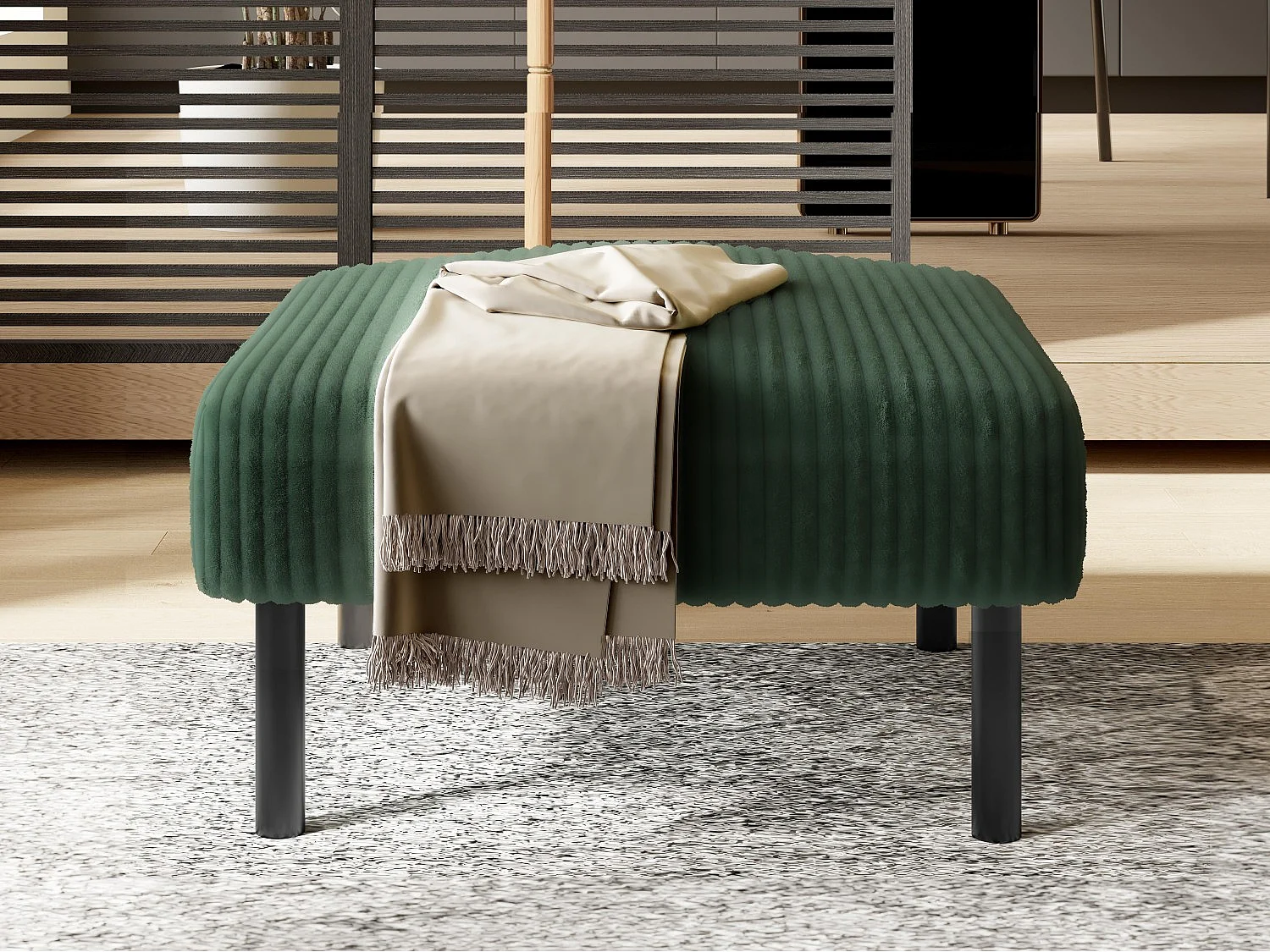 Pouf velours côtelé beige à assise haute résilience - Pouf multifonction - Idéal pour salon cosy ou chambre
