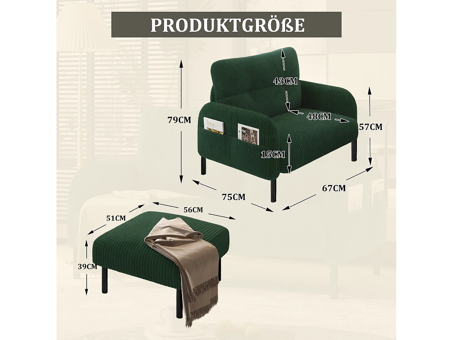 Pouf velours côtelé beige à assise haute résilience - Pouf multifonction - Idéal pour salon cosy ou chambre