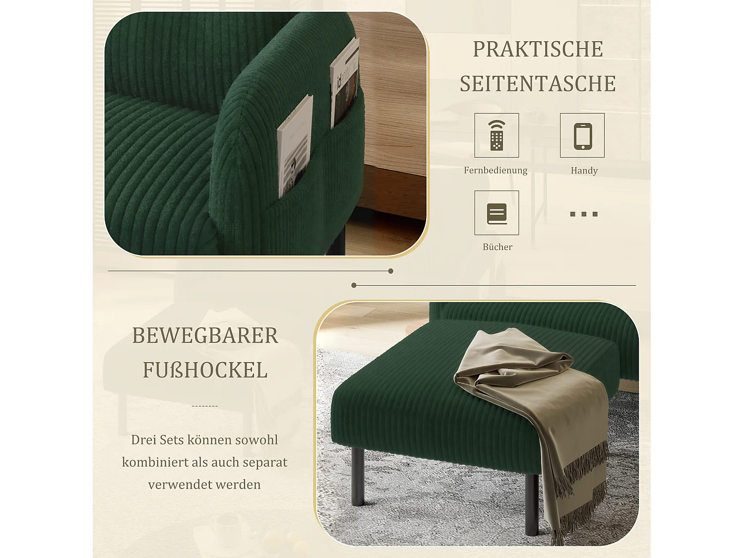 Pouf velours côtelé beige à assise haute résilience - Pouf multifonction - Idéal pour salon cosy ou chambre