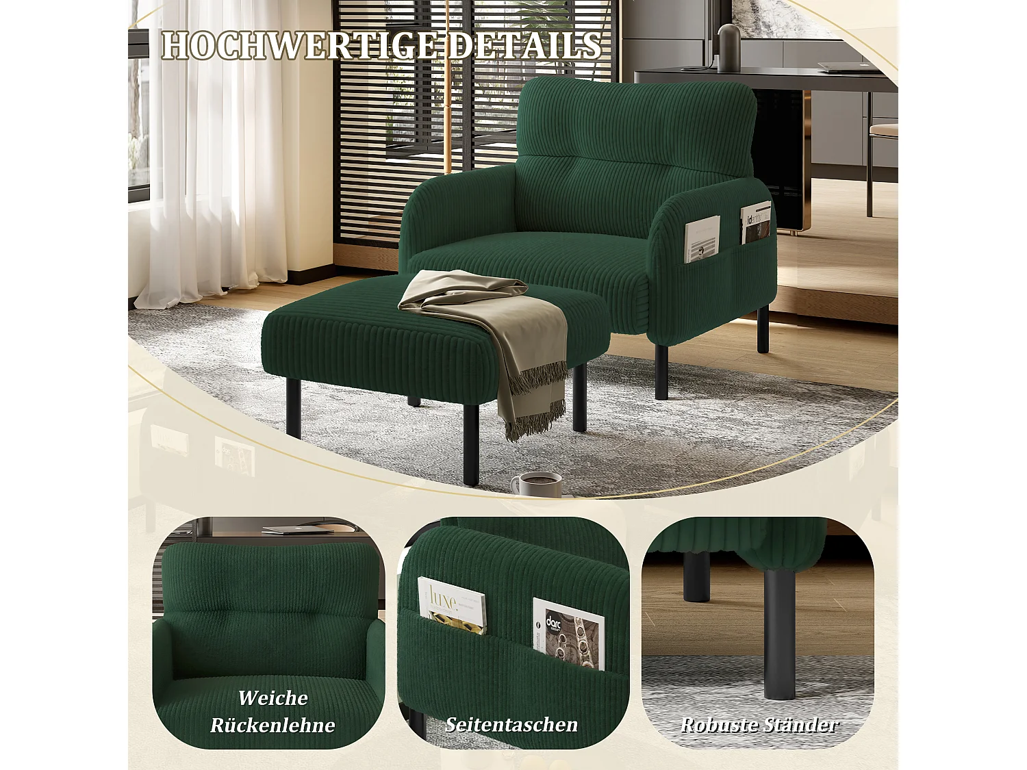 Pouf velours côtelé beige à assise haute résilience - Pouf multifonction - Idéal pour salon cosy ou chambre