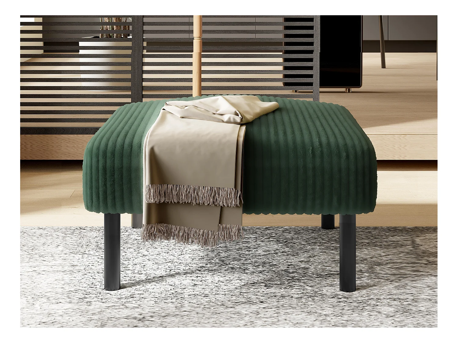 Pouf velours côtelé beige à assise haute résilience - Pouf multifonction - Idéal pour salon cosy ou chambre