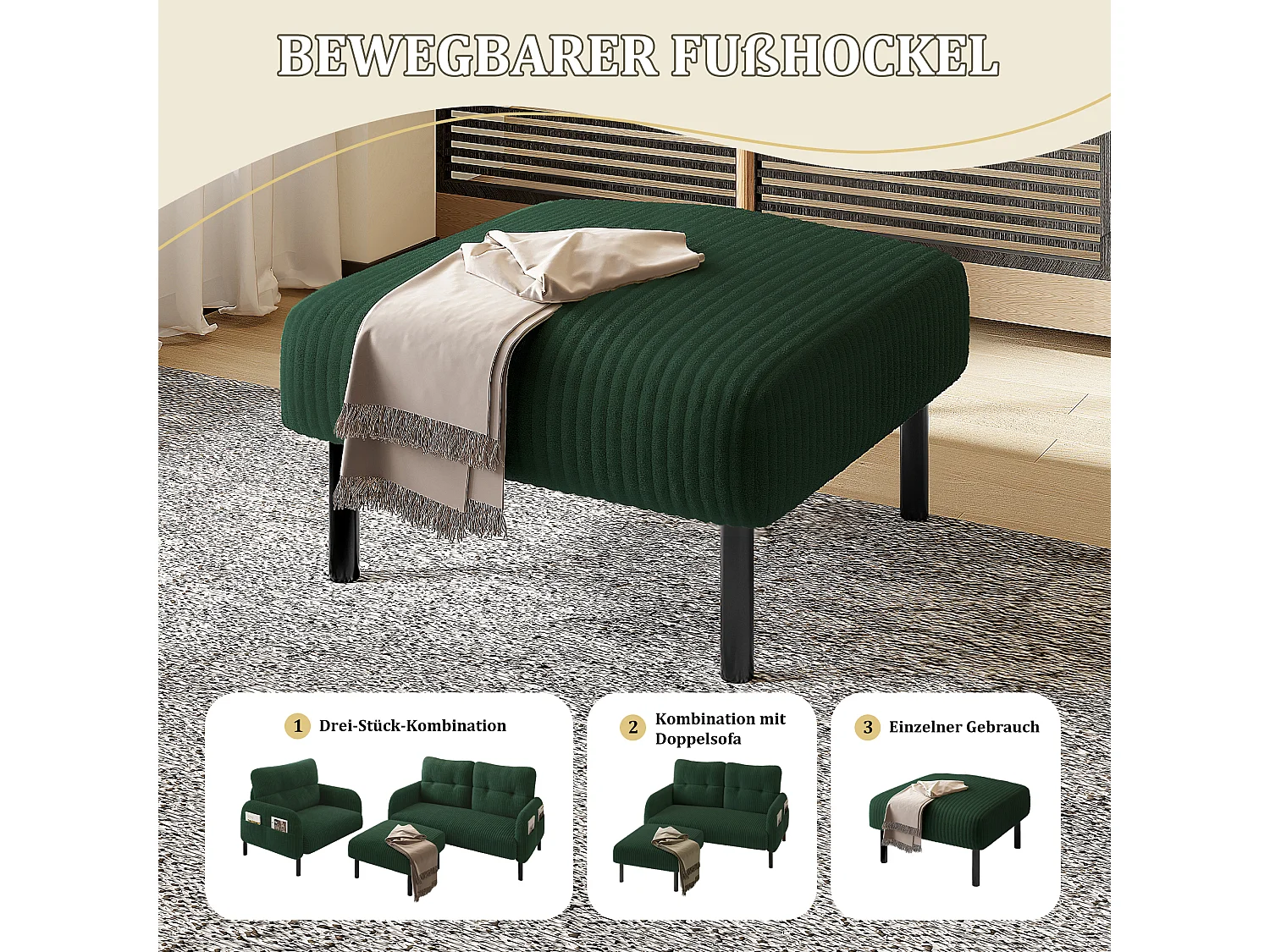 Corduroy poef met veerkrachtige zitting - Multifunctionele poef - Ideaal voor een gezellige woonkamer of slaapkamer