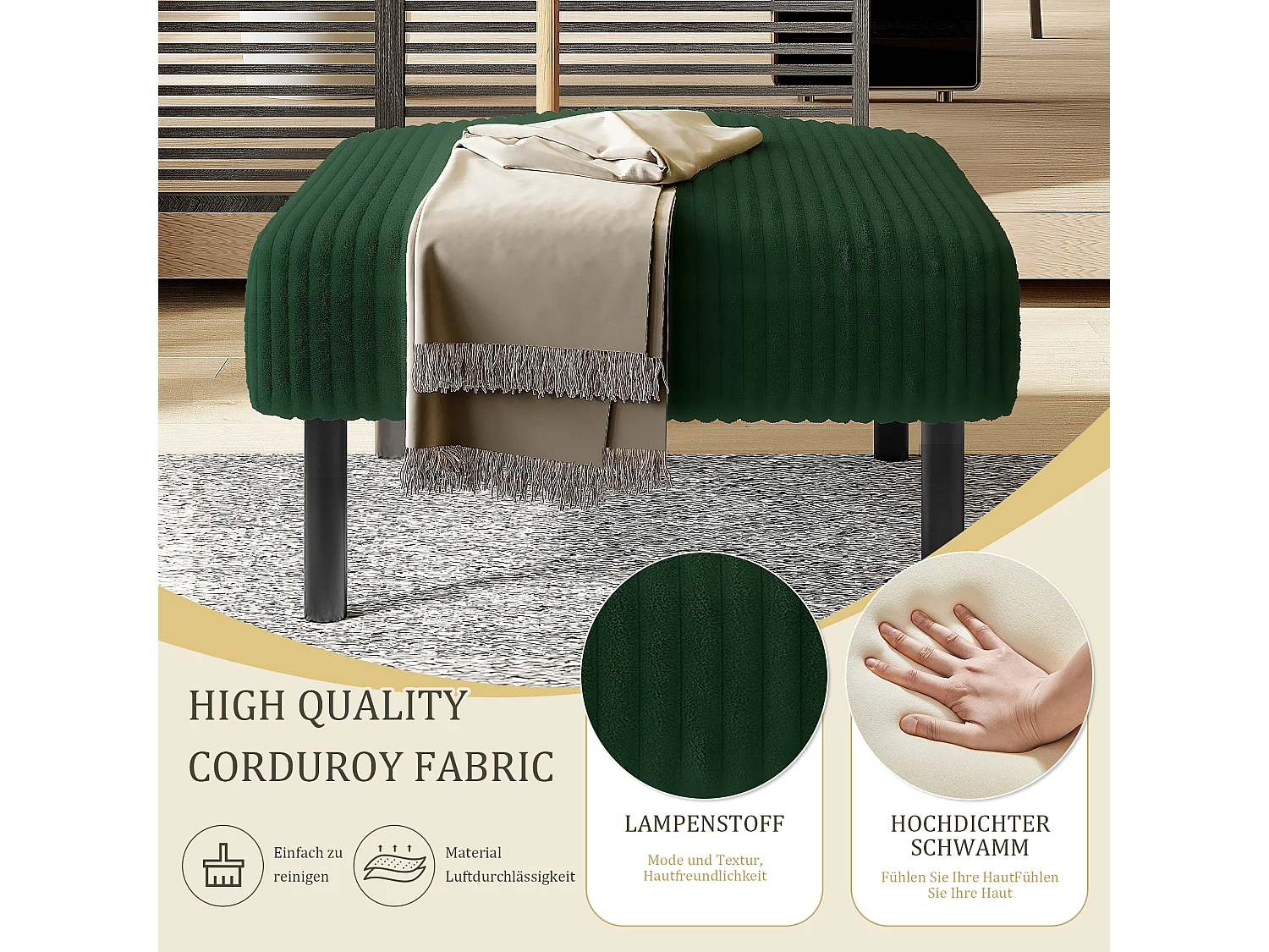 Pouf velours côtelé beige à assise haute résilience - Pouf multifonction - Idéal pour salon cosy ou chambre