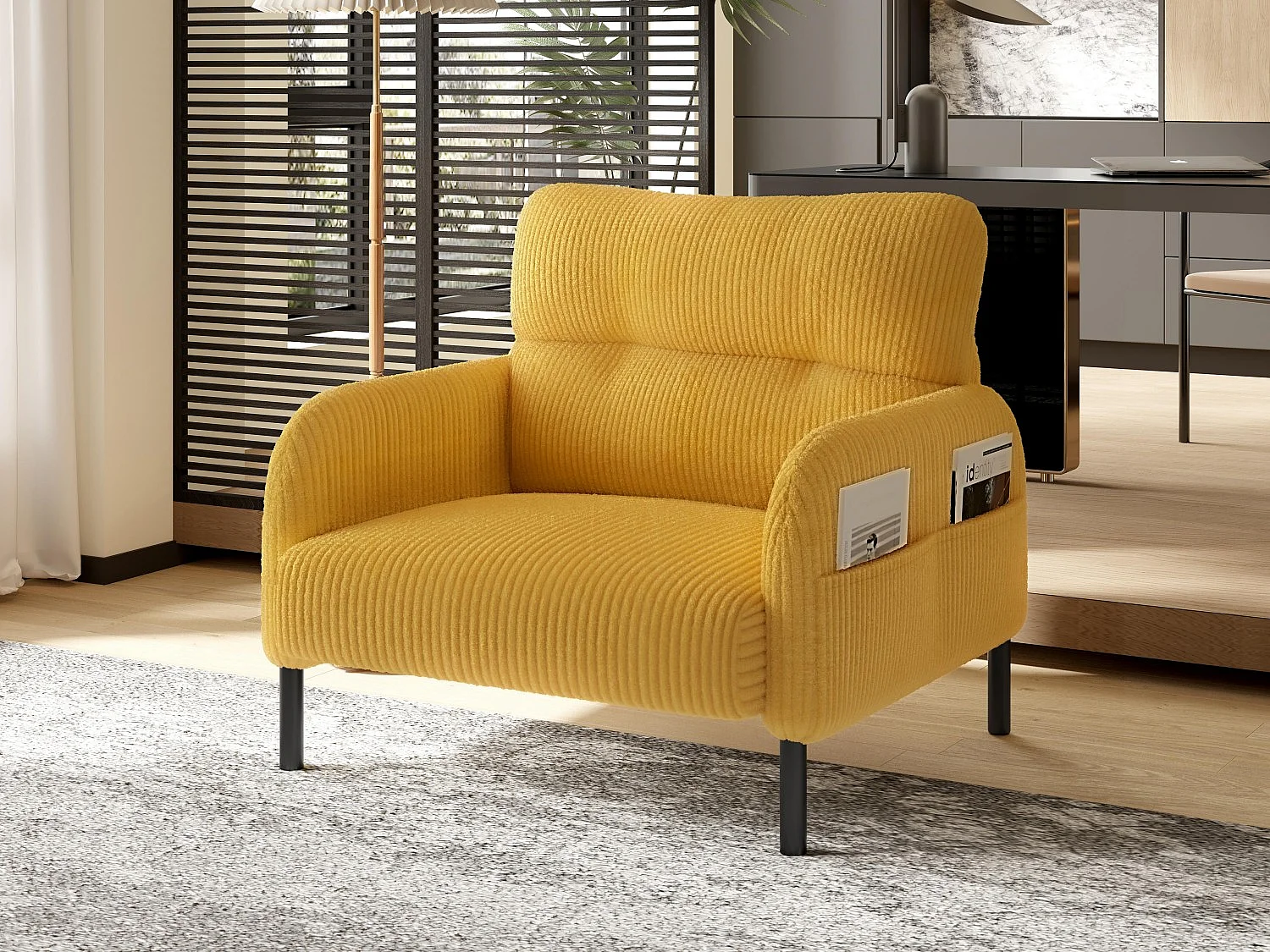 Fauteuil velours côtelé jaune - avec Poches Latérales - Style Carré et Design Naturel pour Salon ou Balcon