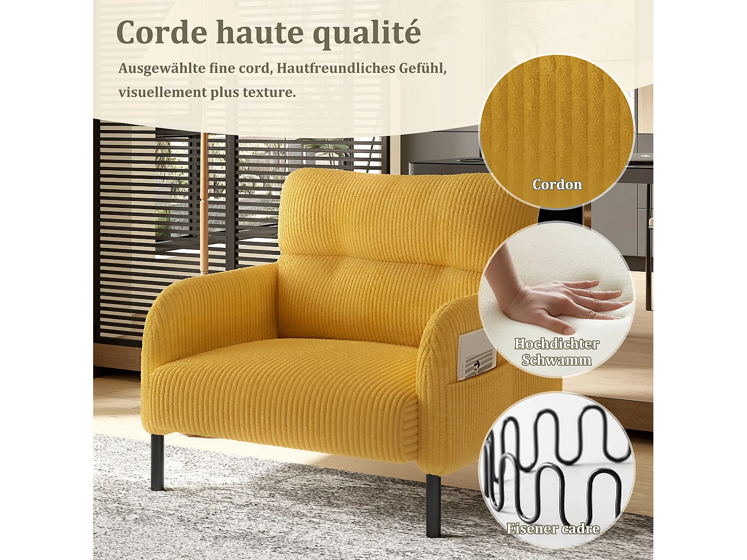 Fauteuil velours côtelé jaune - avec Poches Latérales - Style Carré et Design Naturel pour Salon ou Balcon