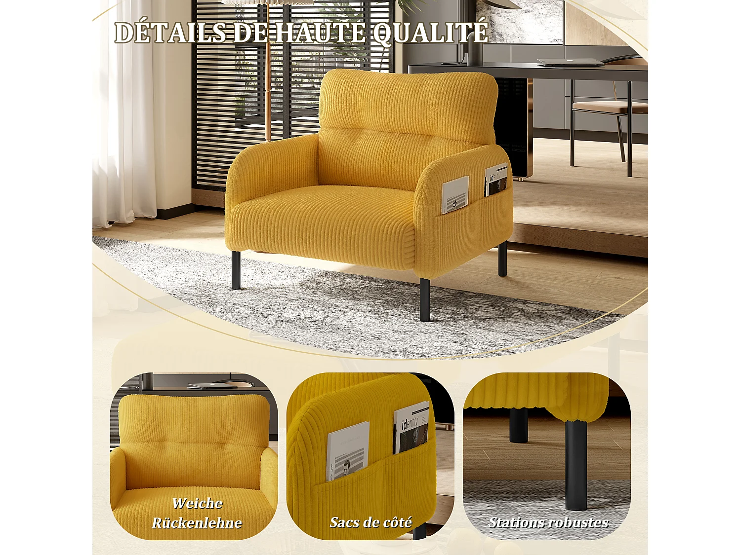 Fauteuil velours côtelé jaune - avec Poches Latérales - Style Carré et Design Naturel pour Salon ou Balcon