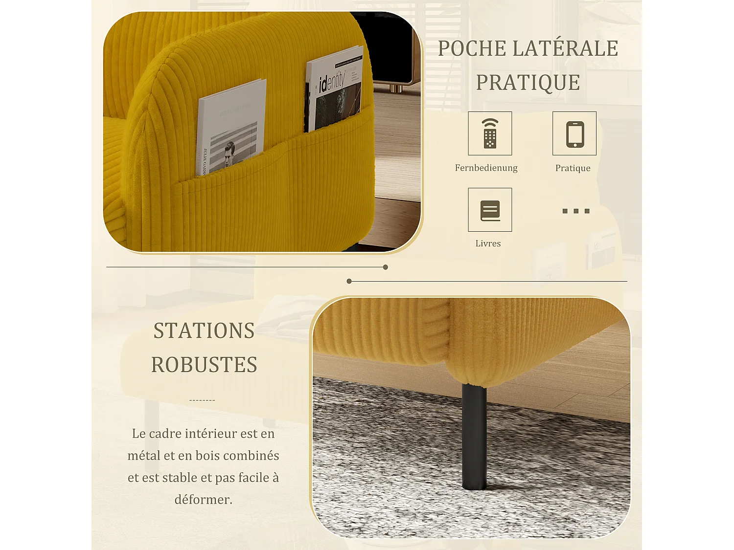 Fauteuil velours côtelé jaune - avec Poches Latérales - Style Carré et Design Naturel pour Salon ou Balcon