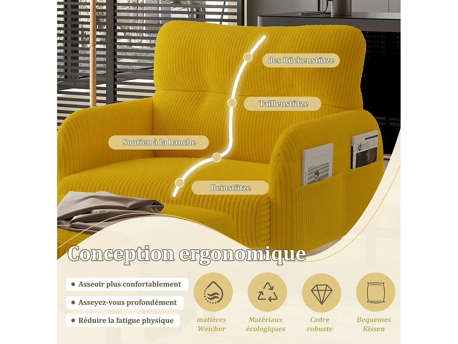 Fauteuil velours côtelé jaune - avec Poches Latérales - Style Carré et Design Naturel pour Salon ou Balcon