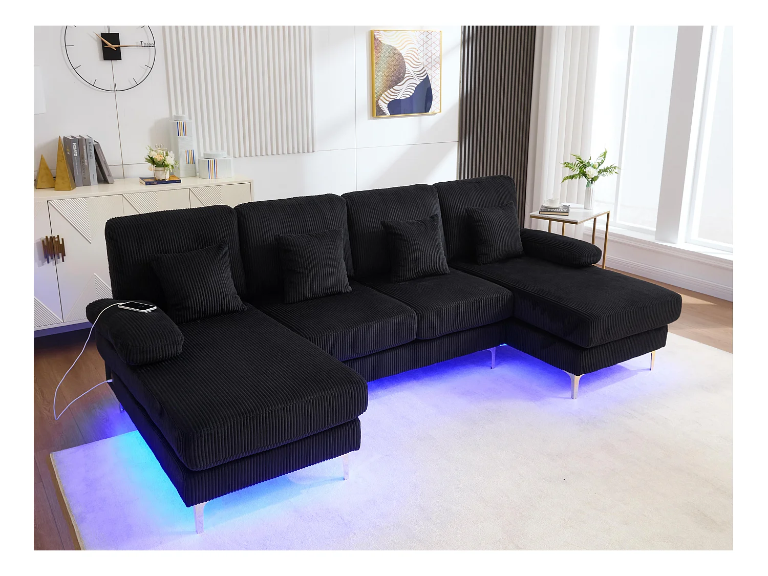 Canapé 4 places - Canapé d'angle modulable en velours noir - Coussins amovibles double épaisseur - LED intégré et port USB - confort ergonomique et soutien optimal