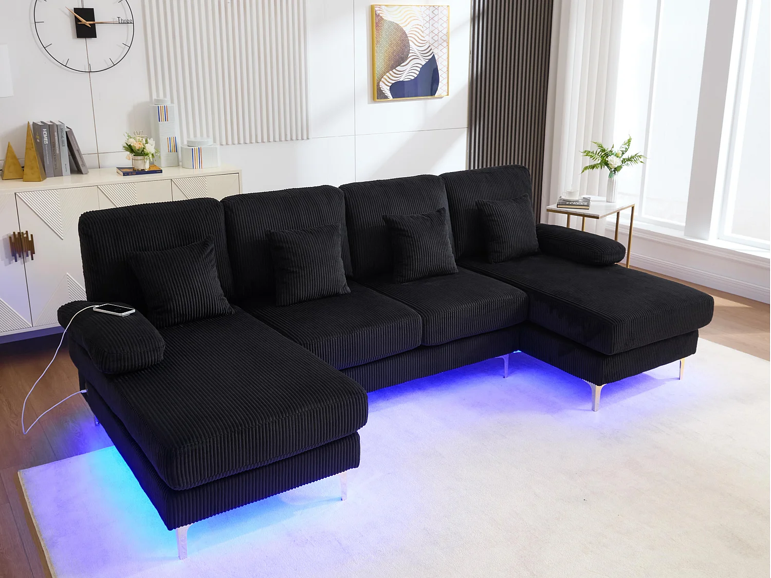 Canapé 4 places - Canapé d'angle modulable en velours noir - Coussins amovibles double épaisseur - LED intégré et port USB - confort ergonomique et soutien optimal