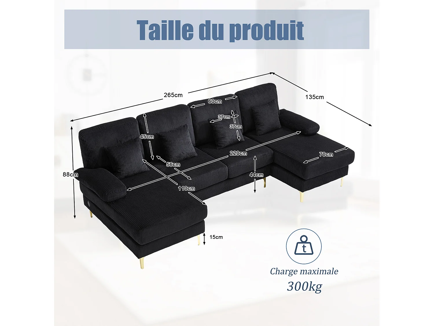 Canapé 4 places - Canapé d'angle modulable en velours noir - Coussins amovibles double épaisseur - LED intégré et port USB - confort ergonomique et soutien optimal