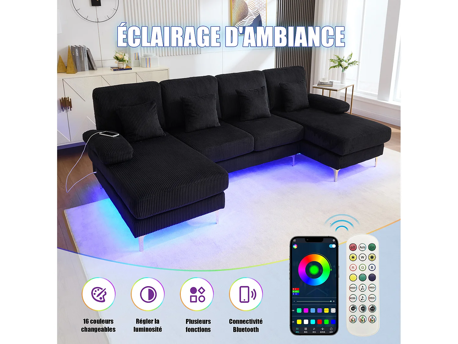 Canapé 4 places - Canapé d'angle modulable en velours noir - Coussins amovibles double épaisseur - LED intégré et port USB - confort ergonomique et soutien optimal