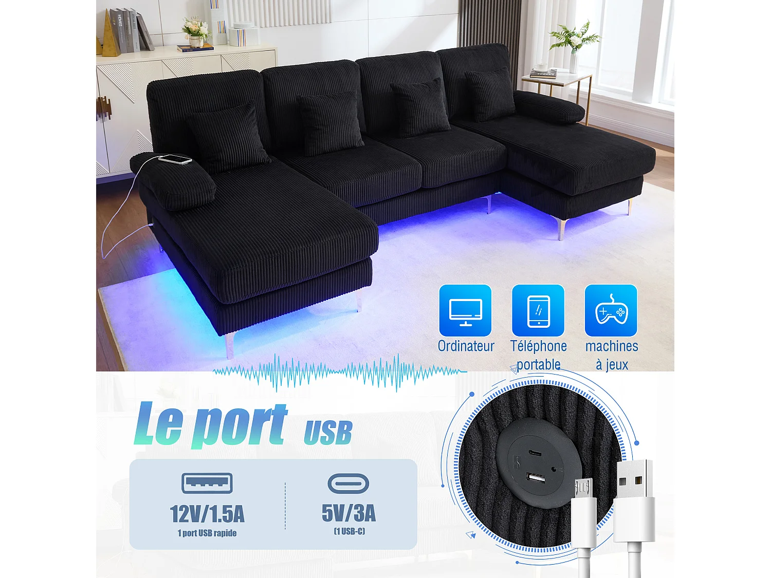 Canapé 4 places - Canapé d'angle modulable en velours noir - Coussins amovibles double épaisseur - LED intégré et port USB - confort ergonomique et soutien optimal
