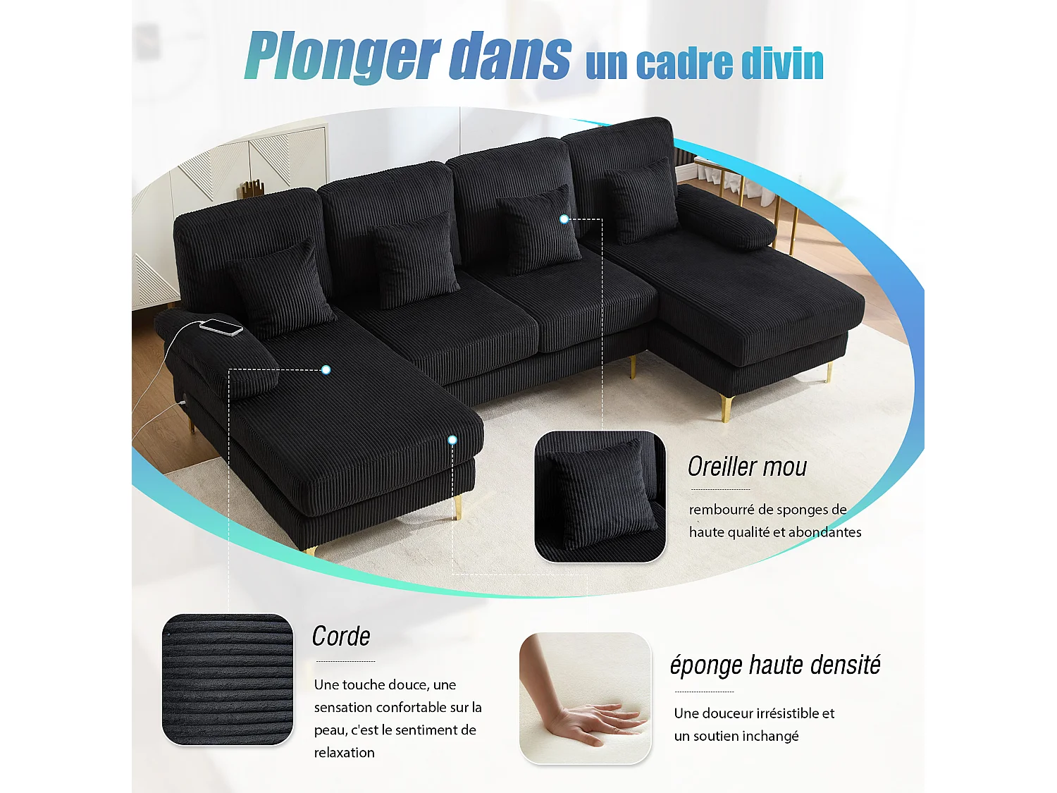 Canapé 4 places - Canapé d'angle modulable en velours noir - Coussins amovibles double épaisseur - LED intégré et port USB - confort ergonomique et soutien optimal