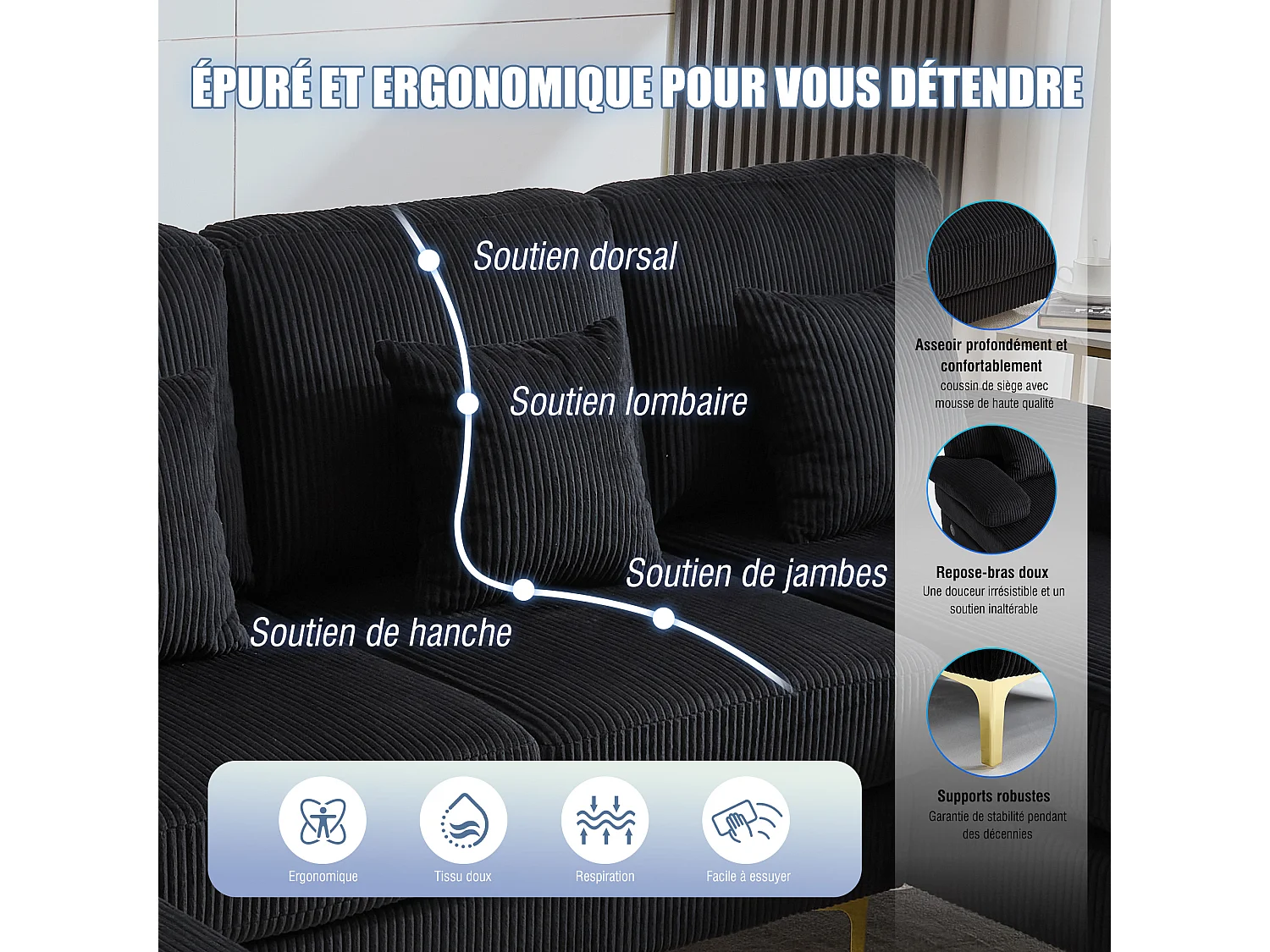 Canapé 4 places - Canapé d'angle modulable en velours noir - Coussins amovibles double épaisseur - LED intégré et port USB - confort ergonomique et soutien optimal