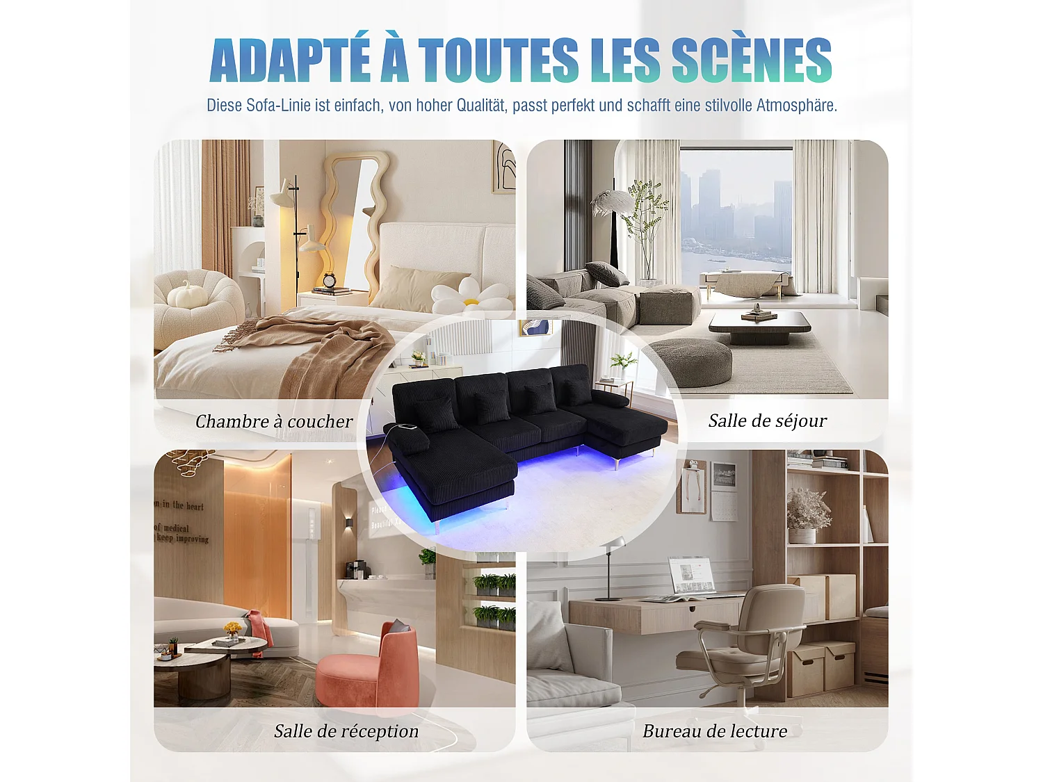 Canapé 4 places - Canapé d'angle modulable en velours noir - Coussins amovibles double épaisseur - LED intégré et port USB - confort ergonomique et soutien optimal