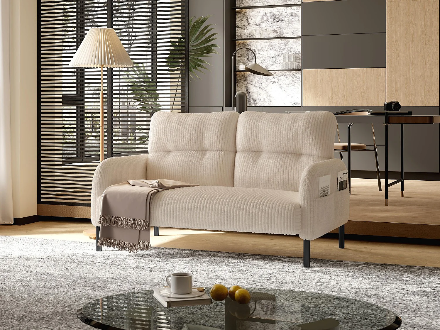 Beige Corduroy 2-zitsbank - Modulaire bank met zijzakken - Ideaal voor kleine woonkamers, studio's of studentenkamers